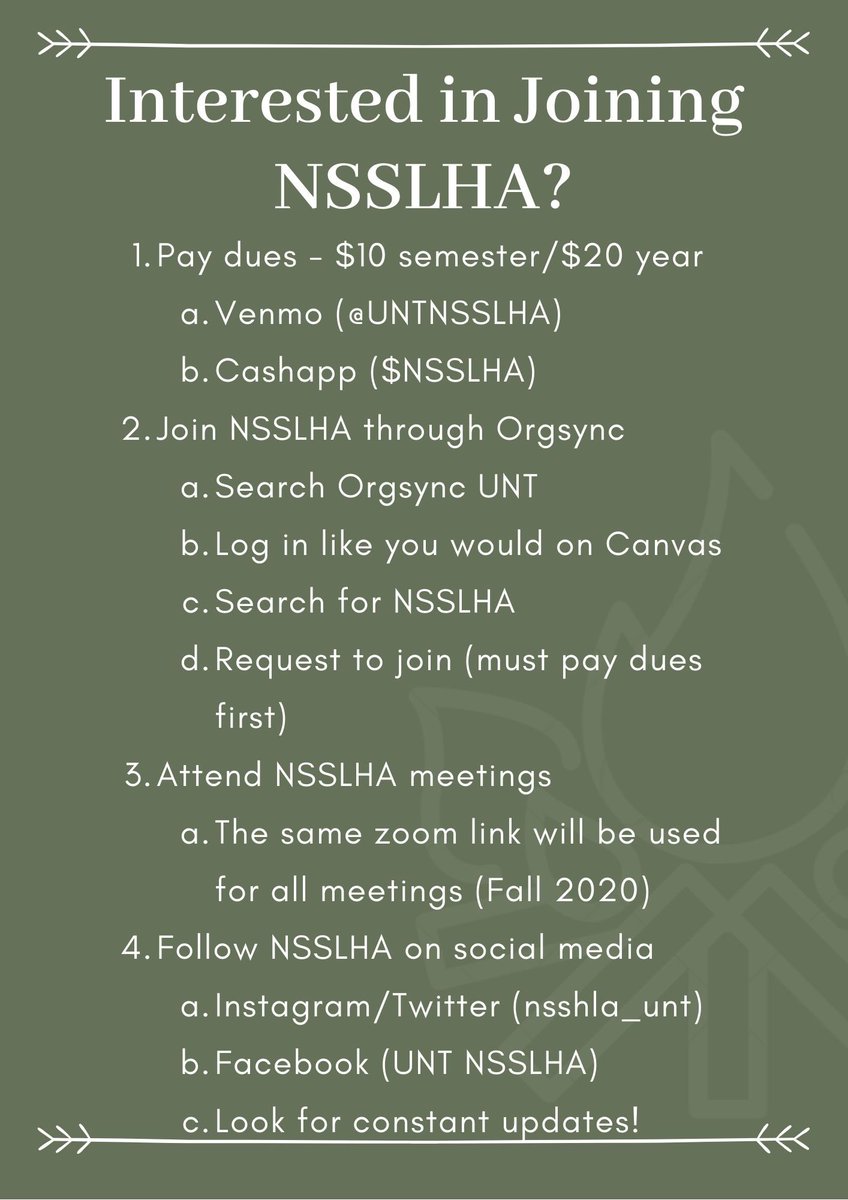 NSSLHA_UNT's tweet photo. Wondering how to join NSSLHA? Take a look at this flyer to learn how!!! We post updates on meetings, mixers, study sessions and more on our socials so make sure to give us a follow! https://t.co/WVN5zOsMyb