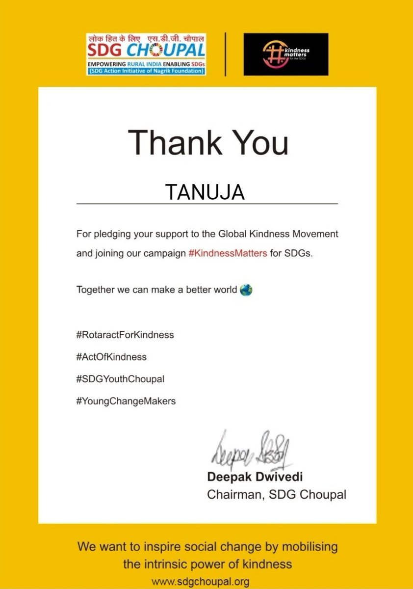 Tanuja_Kri's tweet photo. I pledge to fulfil my potential to promote SDGs by all means and to be kind towards all.
Feeling so delighted to share my certificate 😊❤️
#KindnessMatters #SDGs 
@UNESCO_MGIEP @unhabitatyouth  @rotaract @Rotary @sdgchoupal @nagrikfdn  @rtn_sandeep @deepakdwivedi @pkdhillon08 https://t.co/QNY39xoDHd