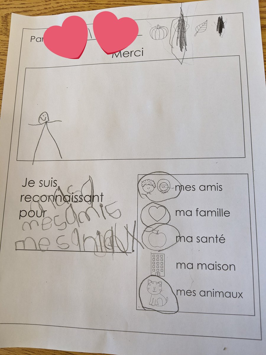 DawsonMme's tweet image. Today we read the book Merci M. Panda and then wrote about what we are thankful for. #practisegratitude #wearewriters #frenchimmersion #gradeone