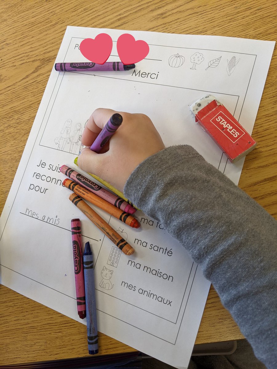 DawsonMme's tweet image. Today we read the book Merci M. Panda and then wrote about what we are thankful for. #practisegratitude #wearewriters #frenchimmersion #gradeone