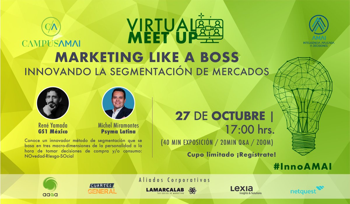 AmaiMexico's tweet photo. Conoce un innovador método de segmentación a través de un estudio de caso en la próxima #AMAIVirtualMeetUp con @reneyamada de @GS1_Mx y @MichMiramontes1 de @PsymaMexico

Marketing like a boss!! 😎

El 27 de octubre, #CampusAMAI e #InnoAMAI te invitan: https://t.co/McvghNgmRn https://t.co/F4hFLOUrpO