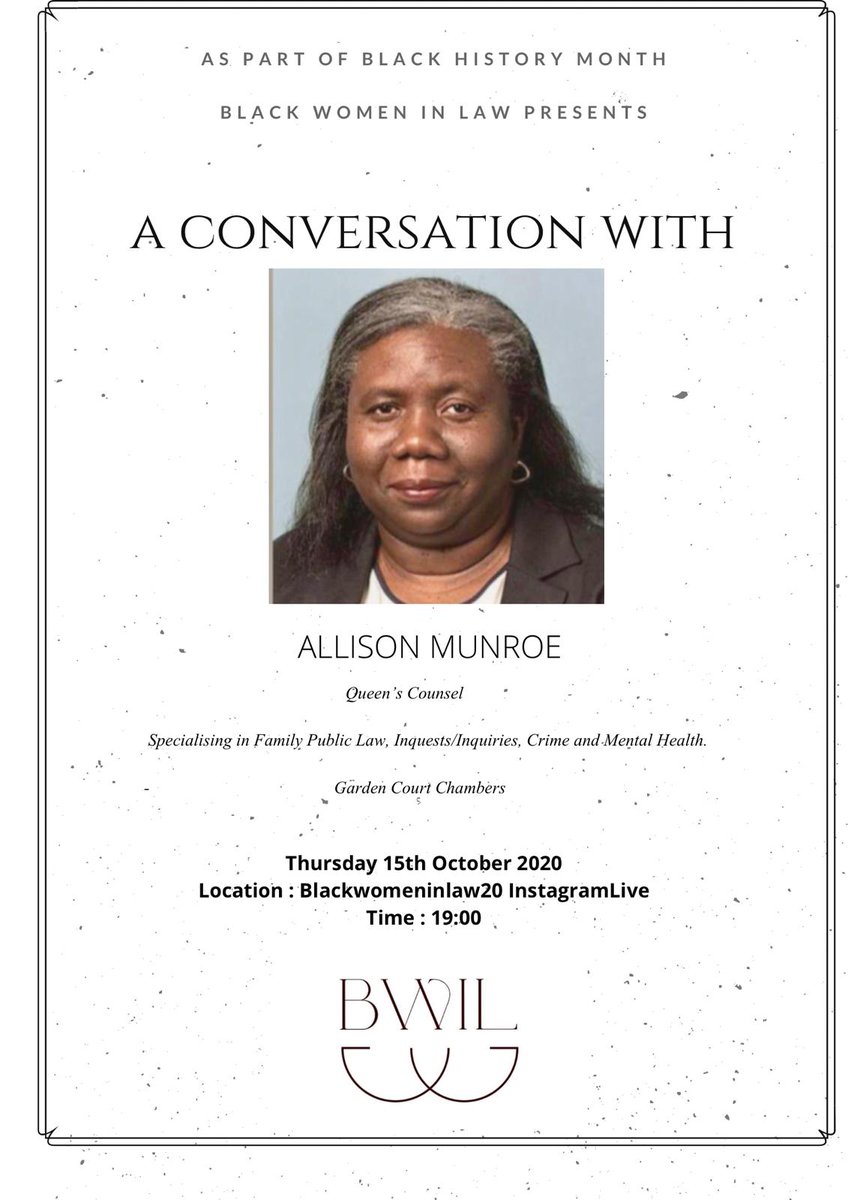 BlackWomenLaw's tweet image. As part of Black History Month celebrations, BWIL continues "A conversation with" series. Tomorrow we are joined by Allison Munroe QC, on Instagram live! Be sure not to miss it!!✨ @BridgeTheBar @BMLnetwork 
#blackhistorymonth #blackwomeninlaw  #BlackGirlMagic #blackgirlmagic