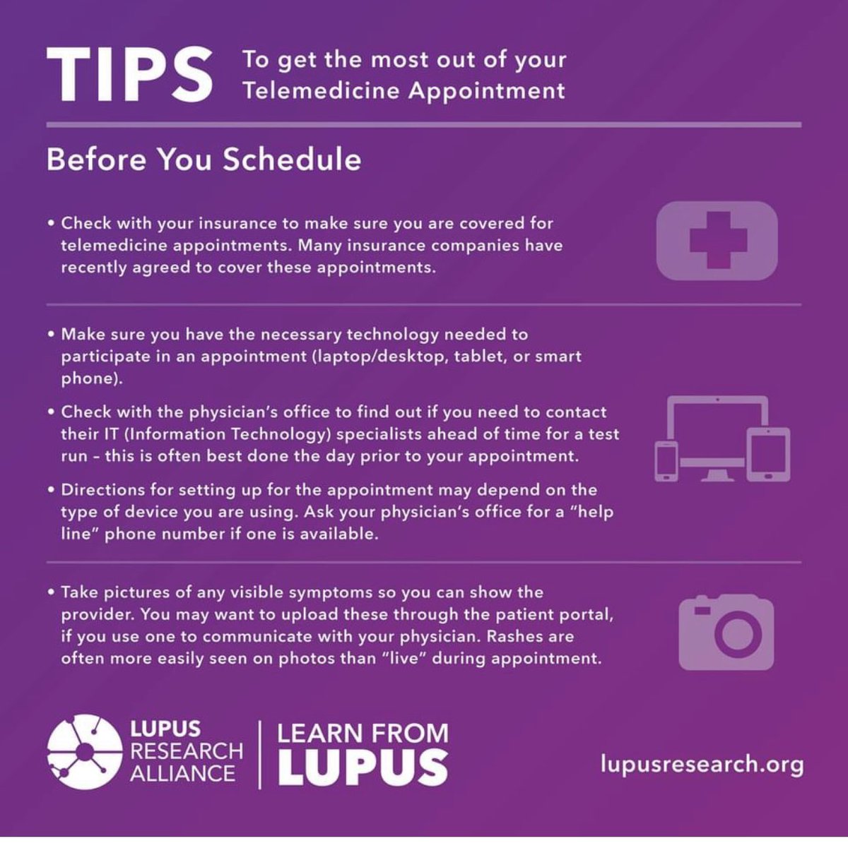 KellyFund4Lupus's tweet photo. Welcome to the world of telemedicine appointments. Have you had a few appointments or are you still hesitant? Here are a few tips. Be well. 💜@LupusResearch https://t.co/JSa83h16hS