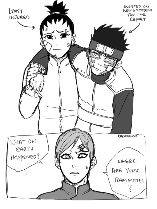 Shikadai was the least injured and since he's the highest ranking person in the mission he probs has to make the report but lbr Shinki would insist on being present too even though he can barely stand. The others are being treated at the infirmary hhhh 