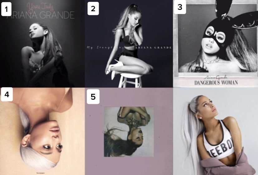 PopCrave's tweet photo. In honor of Ariana Grande announcing the release of #AG6 this month, tell us your favorite album by the vocalist so far! 💿 https://t.co/AUClluOuGF