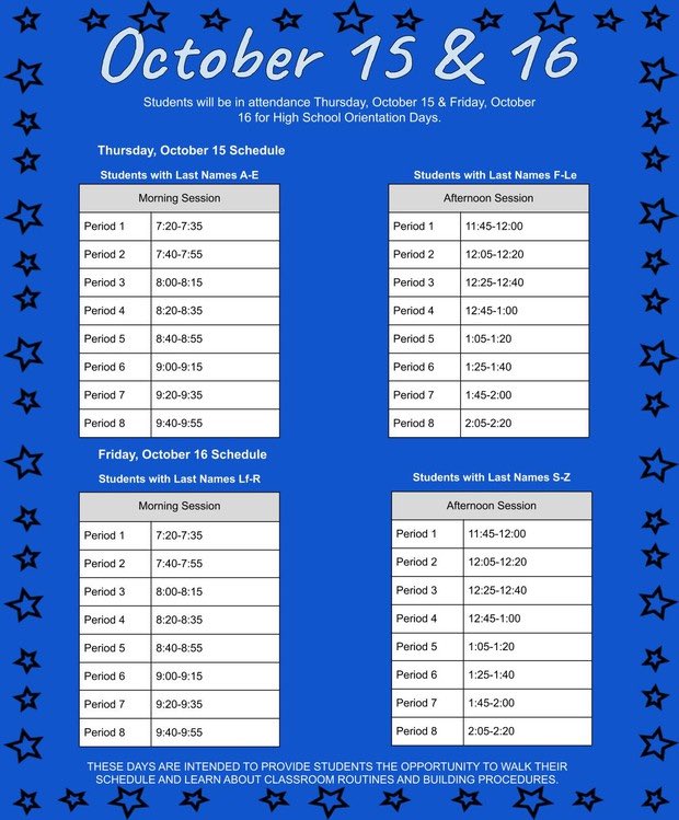 🌟 Hey North Stars! Don’t forget about the schedule change for Thursday and Friday. Check this out to see what day you will come in to school for orientation! 🌟