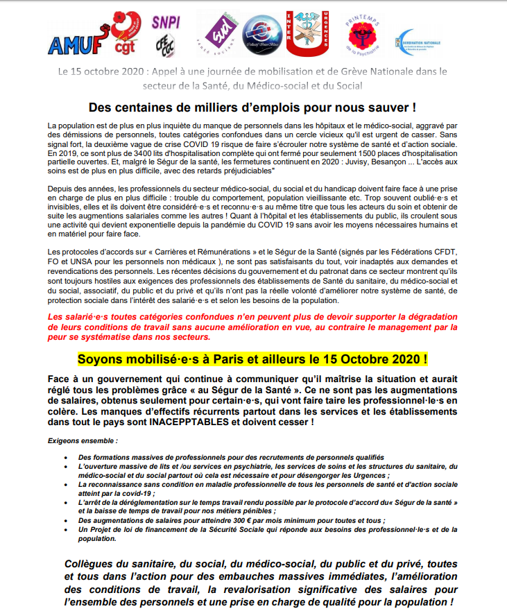 🗣 Mobilisation des personnels de #santé, demain 15 octobre. 
A Paris et dans toute la France.

Soutenons leurs revendications : emplois, ouvertures de lits, rémunérations, temps de travail, reconnais­sance du #COVID19 en mala­die professionnelle...

 syndicat-infirmier.com/Mobilisation-s…