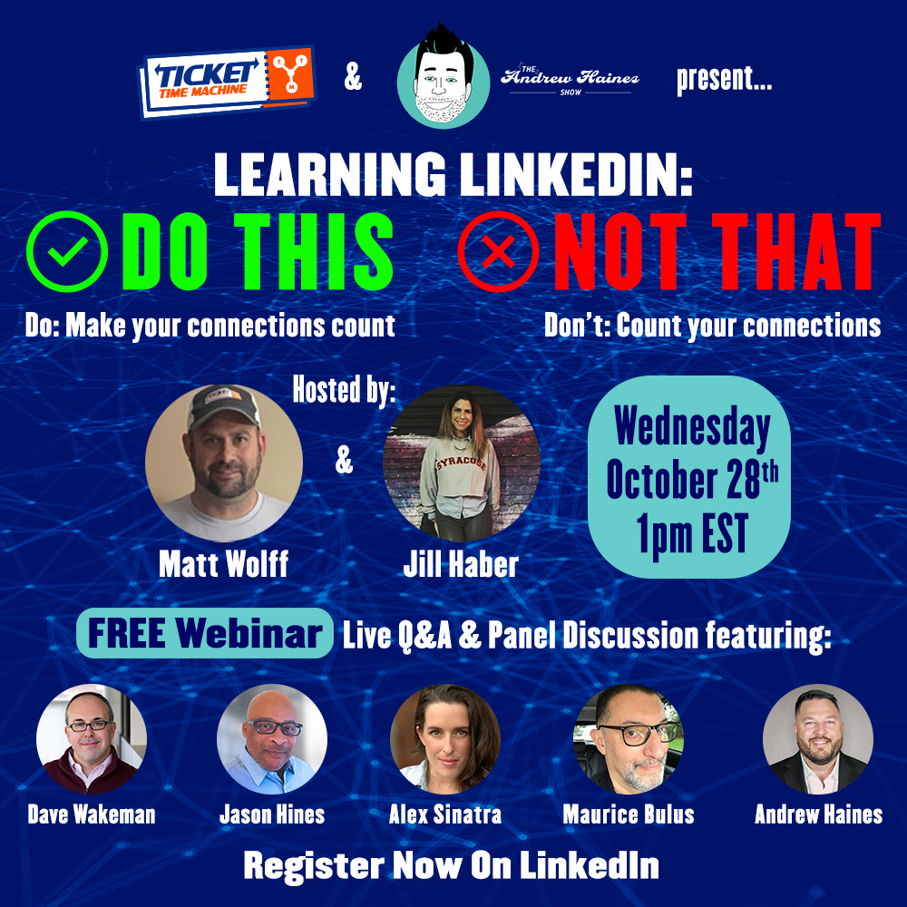 TicketTimeMach1's tweet image. #WisdomWednesday

We are excited to announce our 2nd @LinkedIn town hall presented by @AndrewGHaines featuring @mawg8trs, @davidwakeman, @mixridejay &amp;amp; more!

If you missed our 1st event, the link is in the comments.

Sign up for our FREE event NOW at lnkd.in/eJk5_MH