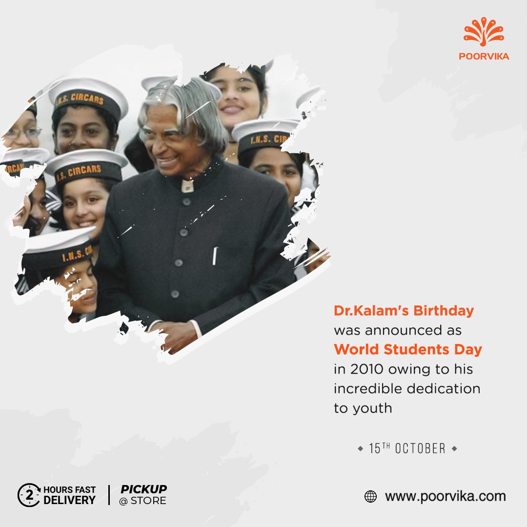 poorvika_india's tweet photo. It's the #birthanniversary of the #MissileManofIndia and former #president Dr APJ #AbdulKalam today.!
Let salute the legendary teacher &amp; proudly celebrate this day as #WorldStudentsDay.
.
 🌐 : https://t.co/6o6a1tbOma
💰 : https://t.co/h5t2CnMpQn
.
#Poorvika #Poorvikamobile #APJ https://t.co/fs9c5wOJMp