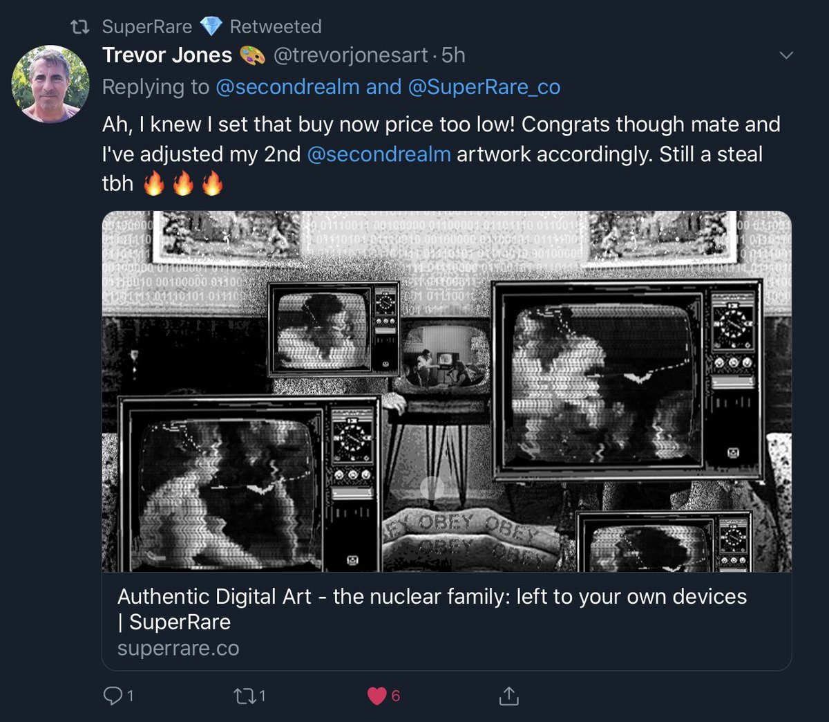 secondrealm's tweet photo. thanks for the coverage @superrare_co. apparently, when your art fetches multi-eth sales you get coverage even tho they #blockdatass on twitter and banned me from being an artist on their platform. https://t.co/yJ54dOLlGN