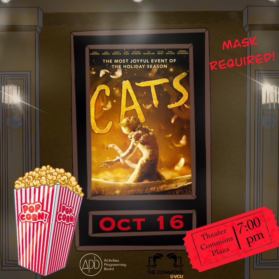APB will be showing the movie “Cats” this Friday October 16th starting at 7pm in the Commons Theater. All students are welcomed to attend and can register through the link in our bio or on the RamsConnect calendar. Hope to see y’all there!
