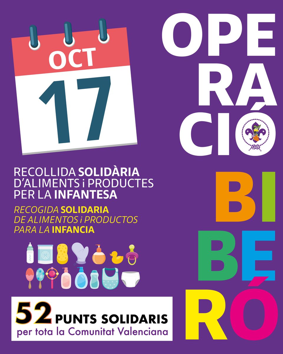 scovalen's tweet image. 🛑OPERACIÓ BIBERÓ en marxa! Dissabte 17 d'octubre, les i els scouts valencians eixim al carrer prop dels supermercats per a buscar persones solidàries que col·laborem amb nosaltres i ens ajuden a recollir aliments i productes per a la infantesa.