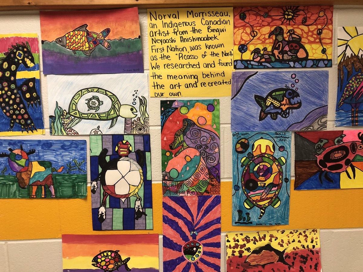 We have been learning about various Indigenous artists. We started with an Indigenous Group of 7 and are recreating pieces and researching the meaning behind the art. Here are some our Norval Morrisseau pieces, who was known as “The Picasso of the North”. <a href="/LKelempro/">LKDSB Elem Program</a> <a href="/LKDSB/">Lambton Kent DSB</a>