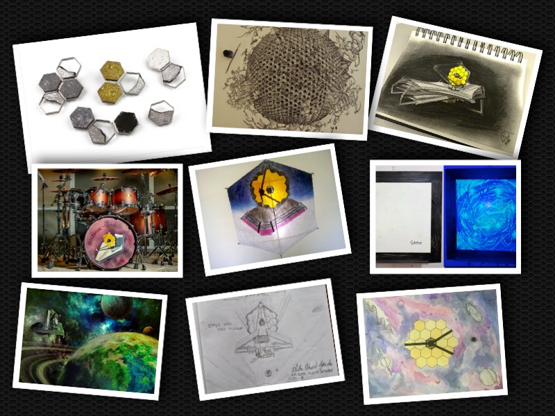 Featured in this collage are some arts who took inspiration from JWST: Andrés Guerrero Ramos, Kirk Lang, Ellie Wolcott, Enrico Novelli, Ivan Gorato, Laddie Scott Odom, Marina Muscan, Siba Prasad Gouda, and Virtyt Deçani. 
