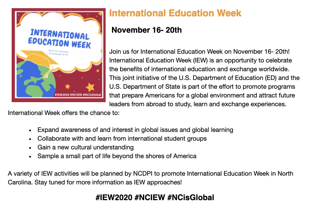 Be sure to use the hashtags #NCIEW #NCisGlobal or tag us to let us know how you are celebrating International Education Week. #IEW2020