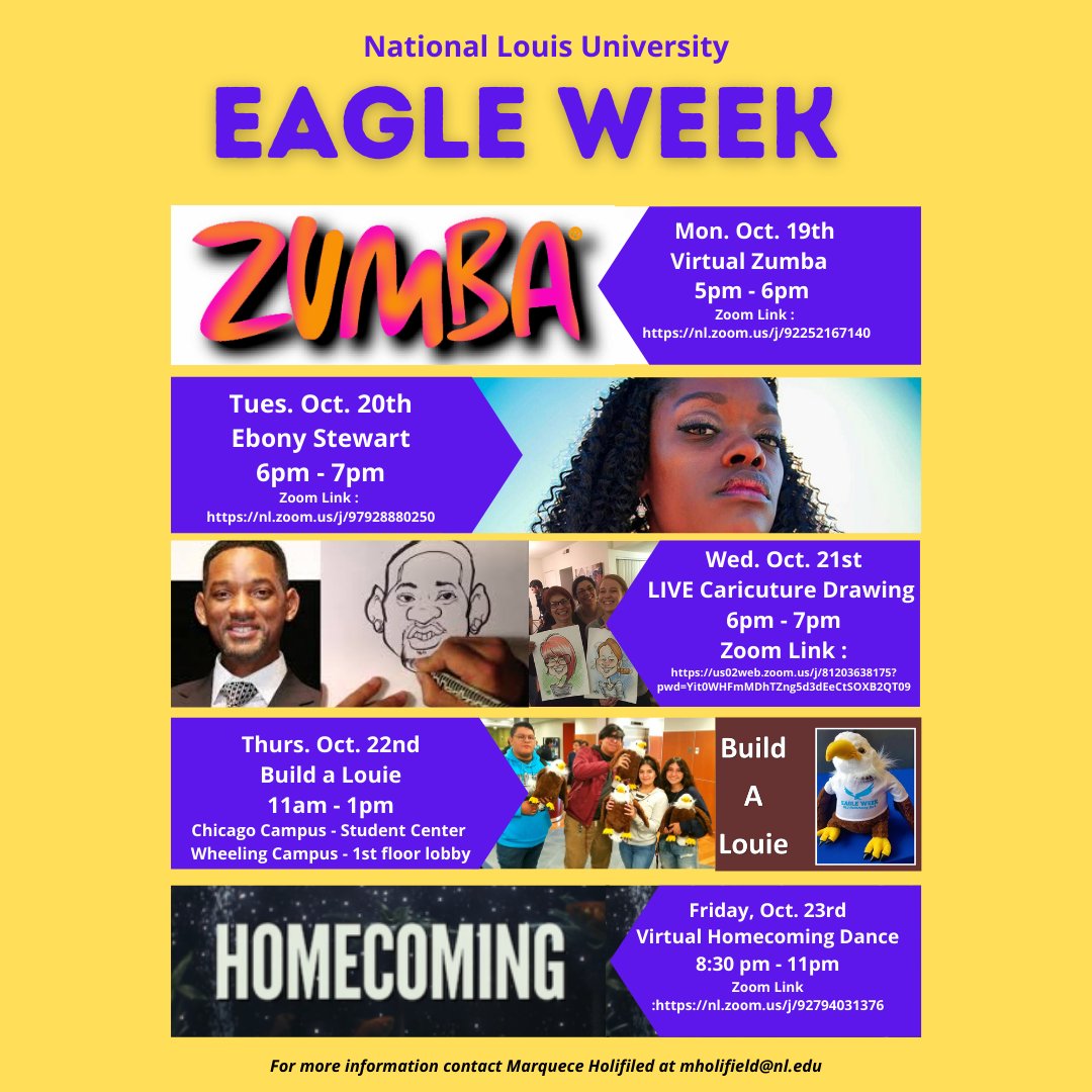 RU READY FOR EAGLE WEEK? Five days of fun start on Monday, Oct. 19, with ZZ: Zumba on Zoom. Check out the schedule and don't forget to tag us on your Caricature Drawings
#NLUDean #NLU_Wheeling #NLUAdmissions  #nlushop #PACEatNLU #NationalLouisU #KendallCollege #nluforida