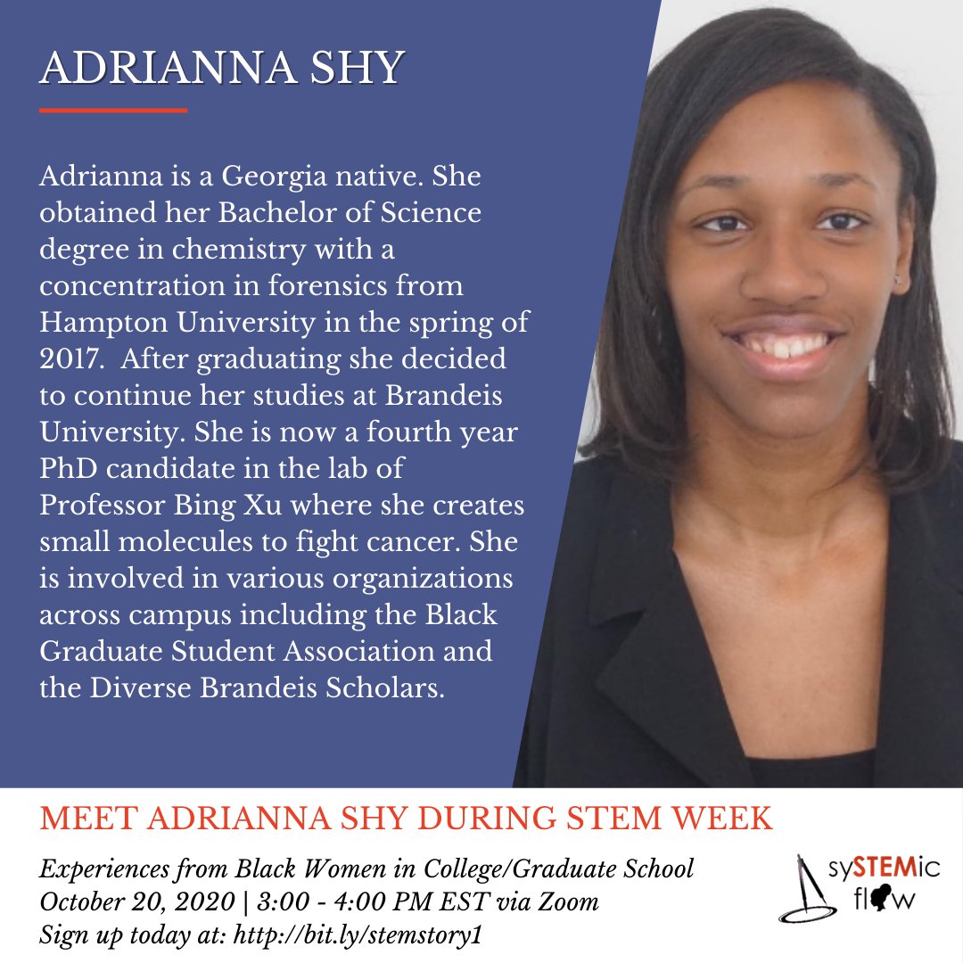 sysTEMic_flow's tweet image. Want to learn more about Andrianna&apos;s experiences in the STEM world? Join us during STEM week❗

#STEMevent #blackvoice #blackwomaninSTEM #STEMweek #Boston #MASTEMweek