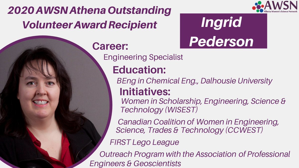 AWSNSocial's tweet image. Introducing AWSN's 2020 Athena Outstanding Volunteer Award Recipient: Ingrid Pederson

Ingrid has dedicated well over 400 hours to various initiatives and causes in Edmonton and we are very pleased to feature her astounding achievements!

Congrats Ingrid! #WomeninSTEM #STEM