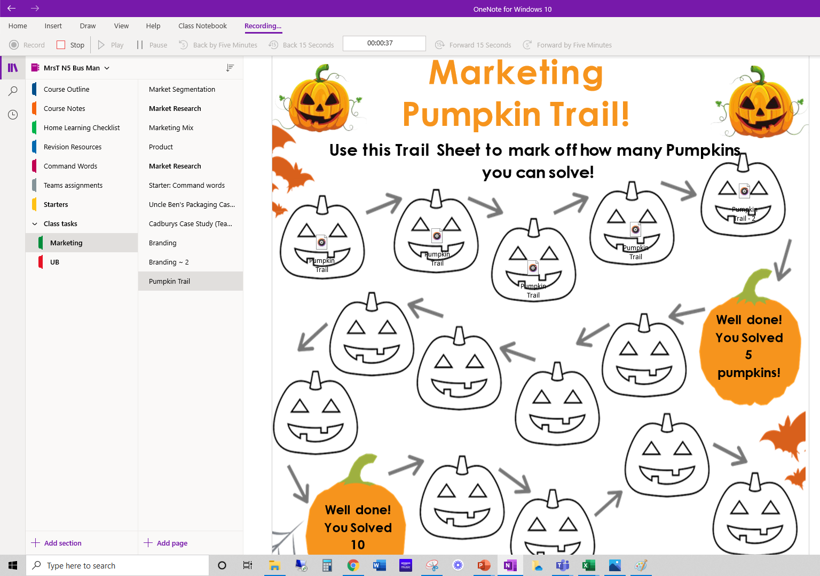 MrsTEHS's tweet photo. Themed retrieval practice for #N5Busman click on the audio file in each pumpkin for the question - first to 15 pumpkins is the winner. Pumpkins can be coloured (using draw tools) depending on right or wrong answer @OneNoteEDU #bizedehs #teamearlston #inspiresbc #artventurers https://t.co/2vMMBFjUL4