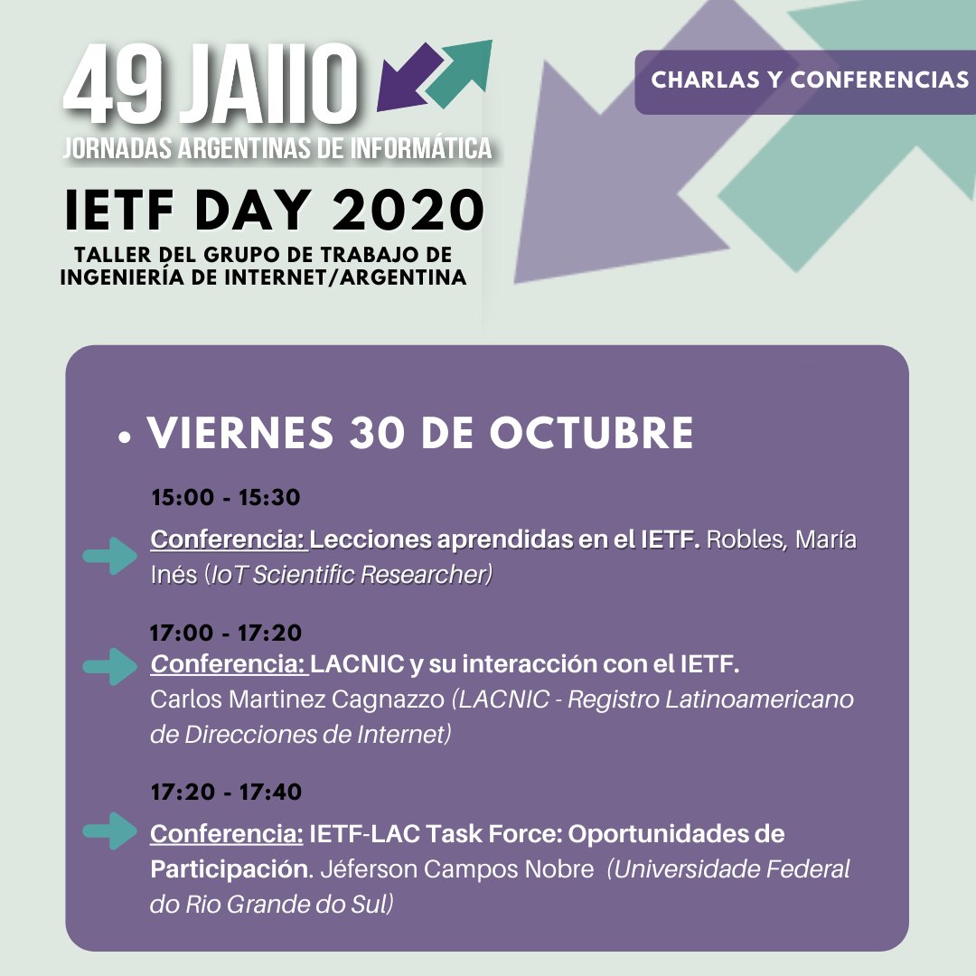 jaiio_oficial's tweet photo. Les presentamos algunas de las Conferencias y Charlas del IETF DAY 2020 👏😀 #49JAIIO No te las pierdas!
Encontrá la programación completa de este Simposio en: https://t.co/600v13sNdX https://t.co/5QMFNOCI5t