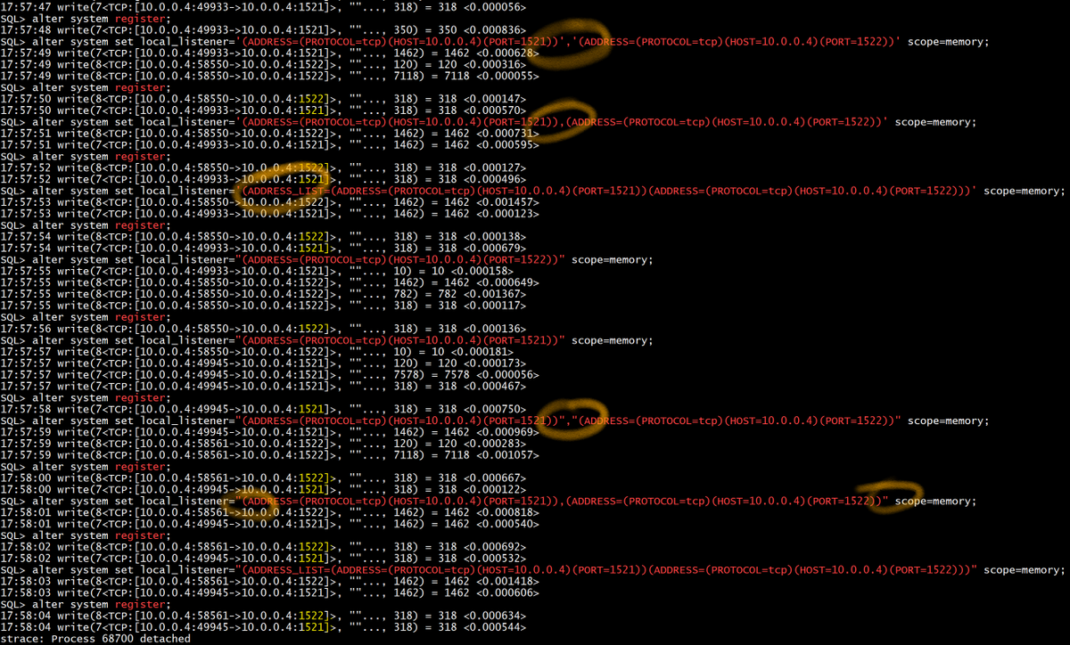 FranckPachot's tweet photo. I understand nothing at this LOCAL_LISTENER documentation but whatever we use, LREG registers everywhere 🎉
https://t.co/7p5o3hdb3D
#viewIt
select value from v$listener_network where type='LOCAL LISTENER';
#traceIt
strace -ttyyp $(pgrep -f lreg | paste -sd,) -e trace=write -s 0 https://t.co/eYlFTD7Jsd