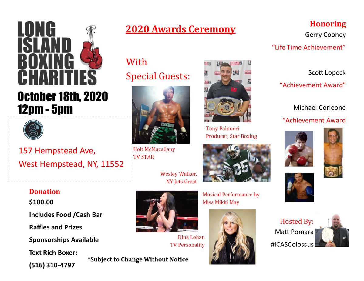 pomara_matt's tweet image. Will be a great event honoring some of Long Island's own... with some special guests!
@ttonez4 @HoltMcCallany @dinalohan @wesleywalker85 @MikkiMay
#LIBC
Very limited space...Social Distancing will be practiced/ Masks are a MUST!
@StarBoxing @icasny
#InGoodCompany