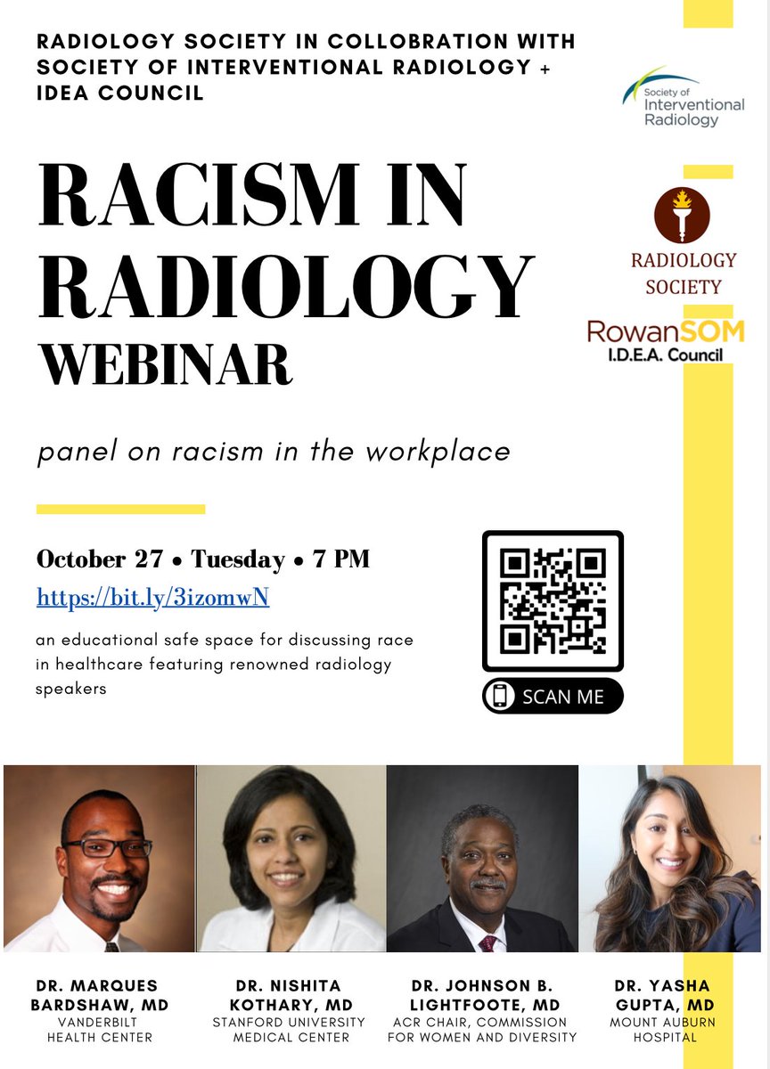 Racism is ingrained into all fields of medicine including radiology. Please join us 10/27 7 pm EST with <a href="/DrMarqBrad/">Marques Bradshaw MD, MSCR</a> <a href="/FiveNada/">Nishita Kothary</a> <a href="/yashaguptamd/">Yasha Gupta, MD</a> and Dr. Lightfoote for a safe-space discussion that will offer illuminating perspectives into an otherwise dark room bit.ly/3izomwN