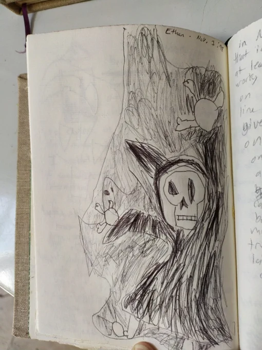 My father recently looked through some of his old notebooks, and found drawings I did between the ages of six and seven. I thought you all might like to see a few.

The Grim Reaper and a Ghost: 