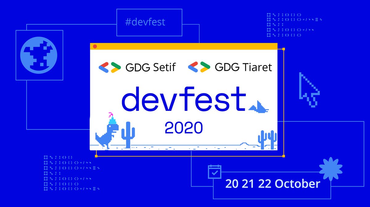 Dear Community 🥳 We're happy to announce the DevFest20 powered by GDG Setif &amp; <a href="/GDGTiaret/">GDG Tiaret</a>  🤩
We'll have many sessions in several domains : web , AI..Join us for 3 days full of knowledge from 20 to 22 october 🤓 :
 the link  forms.gle/qnw8esRrokhkva…
#devfest20 #gdgsetif #gdgtiaret