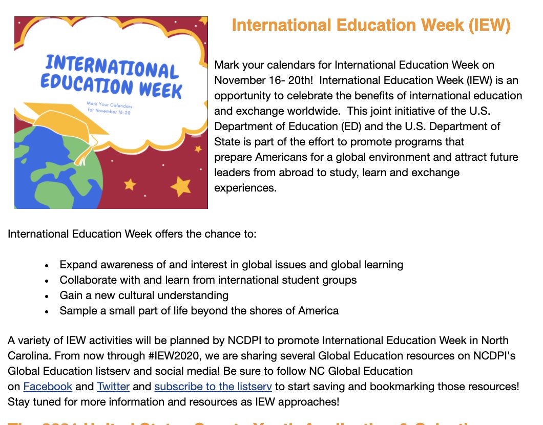 ncglobaled's tweet photo. To celebrate International Education Week, we'll be sharing several Global Education resources leading up to #IEW2020 on November 16-20!  Follow us on Facebook &amp; Twitter to start saving and bookmarking those resources! Be sure to tag us and use the hashtags #NCIEW #NCisGlobal. https://t.co/ggQiWQOKaL
