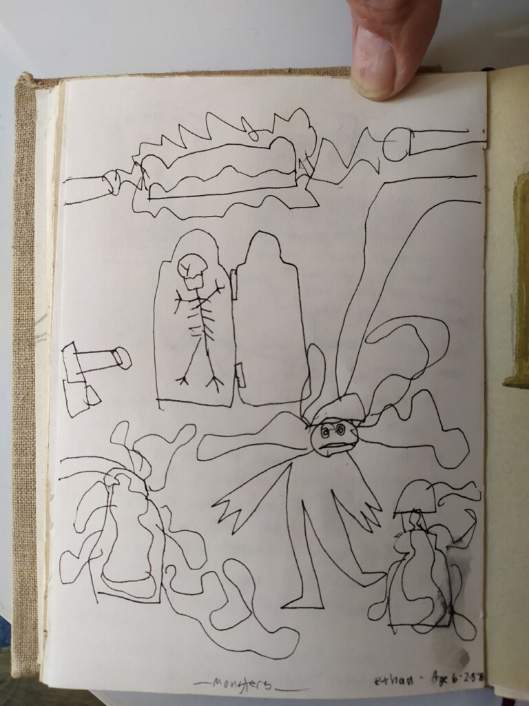 This seems to be Frankenstein's monster and an assorted skeleton or two. What's fun about a lot of the Halloween-centric drawings is they are dated as having been done in...February.