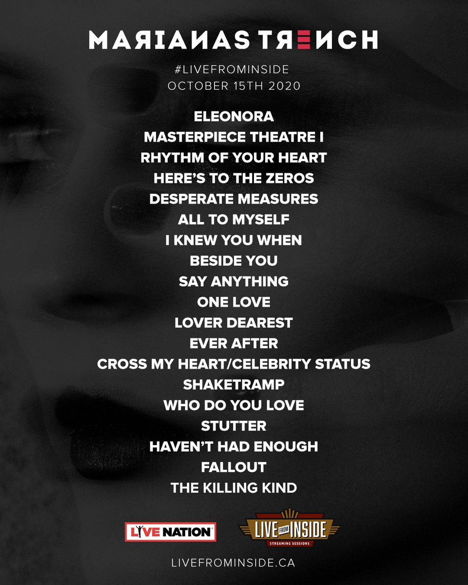 Thank you to everyone who helped come up with our set list for Oct 15th!  We received so many close votes that we decided to throw in some extra songs! You can watch from anywhere in the world! 🌎 TIX livefrominside.ca

RT for chance to win a ticket! Use #MTLiveFromInside