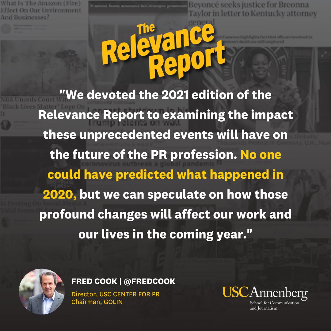 The 2021 Relevance Report from the @Center4PR is available for download. The report is a curated collection of 46 short essays from PR industry leaders, USC academics and students addressing social justice, COVID-19 &amp; other issues. annenberg.usc.edu/relevance. #PRFuture #ASCJ