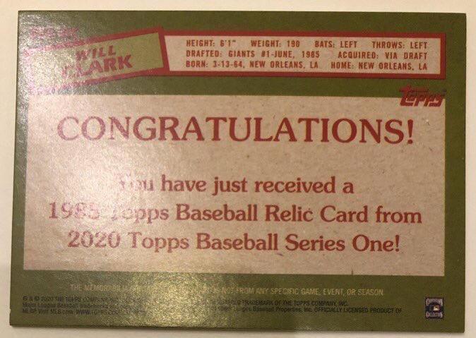 howellman01's tweet photo. 2020 Topps 1985 Baseball Relics Bat

Will Clark #85R-WC San Francisco Giants

Sale $12.75 🔥🔥🔥will the thrill with that sweet swing of his 

@HobbyConnector https://t.co/RtYpjxW9d8