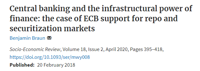Similarly,  @BJMbraun shows the  @ecb has played a role of market maker (shaping and co-creating markets) by trying to shoring securitization market. The same could be said about the ECB’s current purchases of commercial paper under the CSPP. 9/thread  https://academic.oup.com/ser/advance-article-abstract/doi/10.1093/ser/mwy008/4883362?redirectedFrom=fulltext