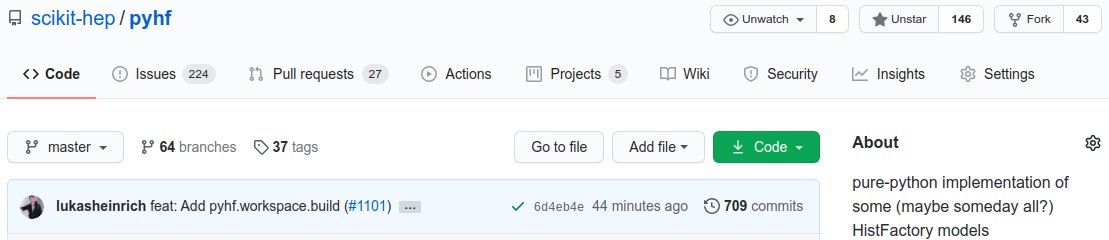 HEPfeickert's tweet photo. #pyhf has blown through another 100 PRs to pass 700 commits! This time @lukasheinrich_ @kratsg and I are closing in on pyhf release v0.5.3 and v0.6.0 as well as some other fun enterprises with @iris_hep and @HEPData. :) #pyhf #ScikitHEP #IRISHEP https://t.co/N4fkFM4DX7 https://t.co/diZWADoBpk