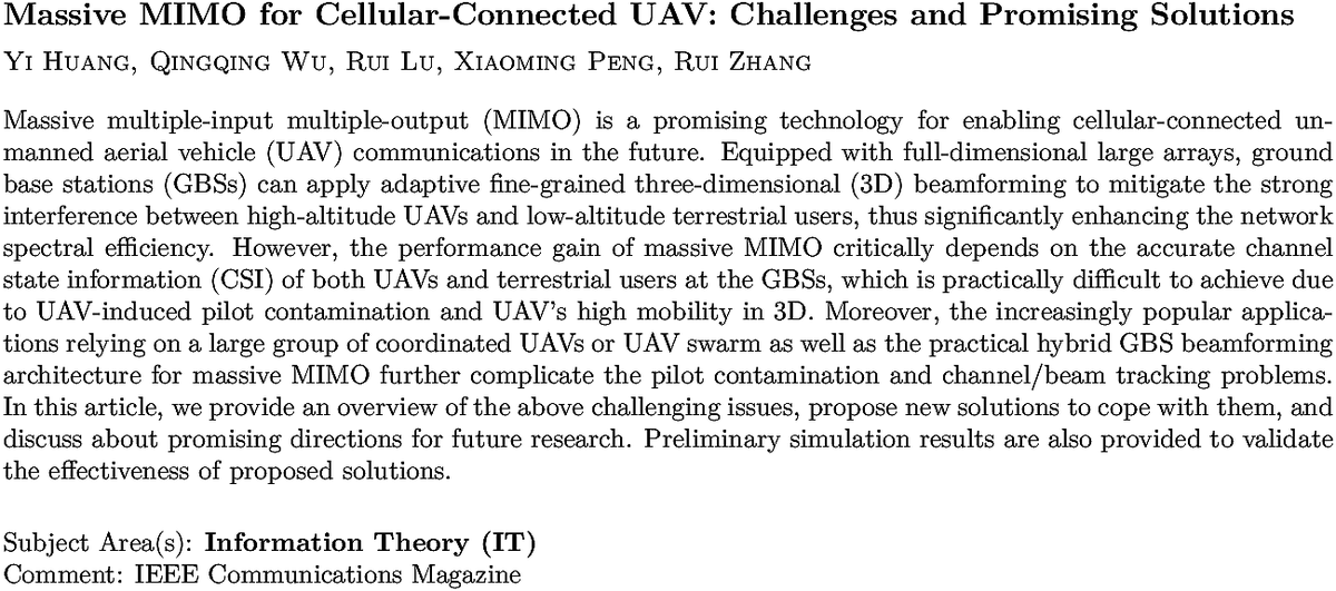 arxiv.org/abs/2010.06238…
Y Huang et. al.
Massive MIMO for Cellular-Connected UAV: Challenges and Promising
  Solutions