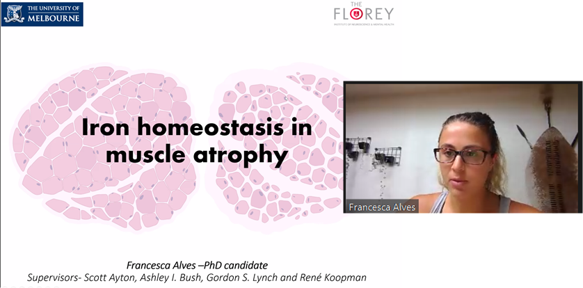 UniMelbCMR's tweet photo. The CMR's Fran Alves @F_Alves27 presenting at the 3rd Annual Victorian Muscle Network Virtual Symposium on “Iron accumulation in skeletal muscles of old mice is associated with impaired regeneration after ischemia-reperfusion damage” @UniMelbCMR #VicMuscleNet #myotwitter https://t.co/FnxY3PFhxZ