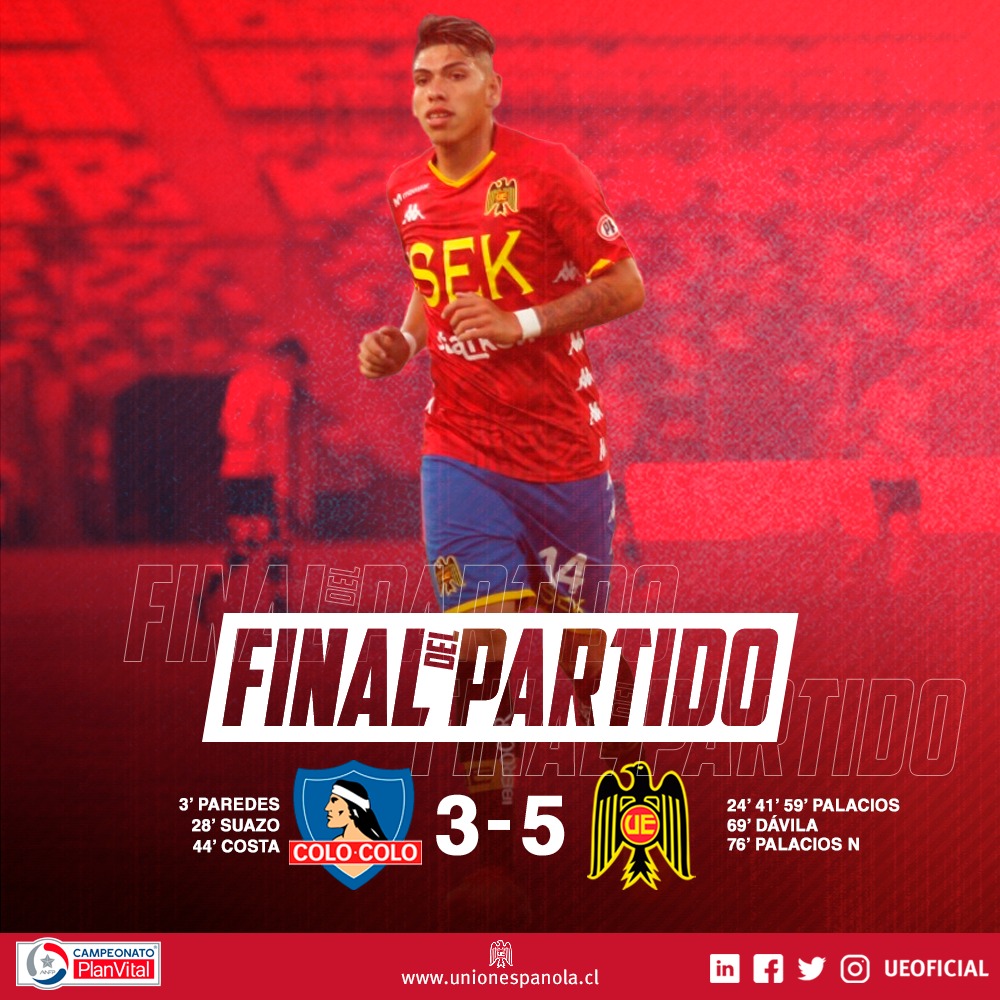 UEoficial's tweet photo. Nunca dejamos de creer y nos llevamos una victoria monumental en Macul.

Unión Española alcanzó los 32 puntos y recuperó el segundo lugar. Además con el triplete de hoy, Cristian Palacios llegó a la cima de la tabla de goleadores.

 Todo bien.

#LaUniónHaceLaFuerza https://t.co/U8Z2FABSam