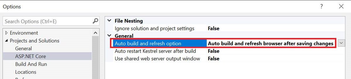 ✨NEW✨Feature for #AspNetCore devs in <a href="/VisualStudio/">Visual Studio</a> 16.8 Preview 4:

Auto build and ♻refresh browser♻ after saving changes!

1. Change your UI code
2. Save changes
3. 👀 See your changes in the browser 👀

Turn it on here: