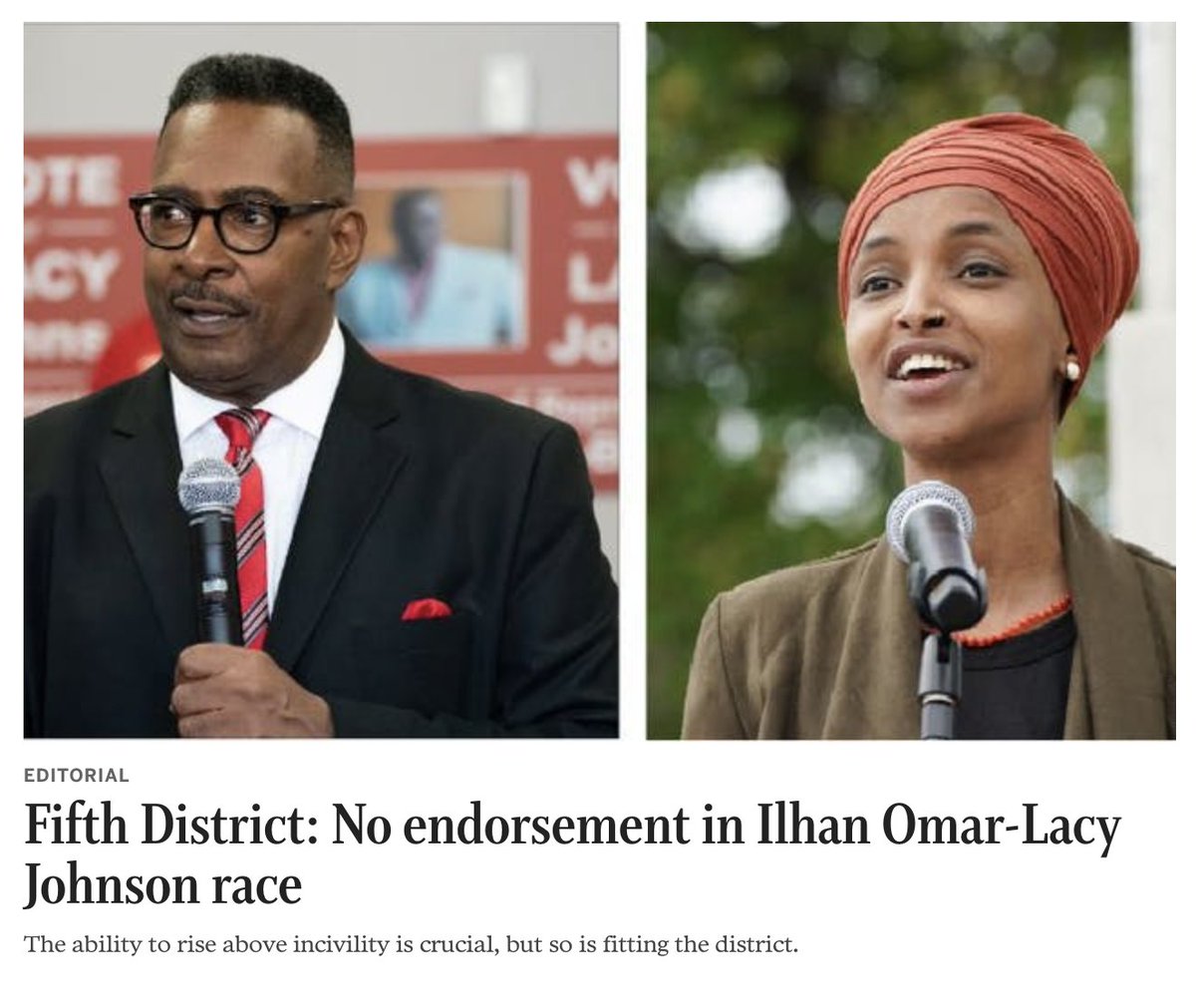 Star Tribune's editorial board has its own opinions...and we all know it is/was not really fair to  @IlhanMN. The editorial board never endorsed Ilhan since she started running for office in 2016.And now, in 2020, even when the choices are clear, this is what they wrote.