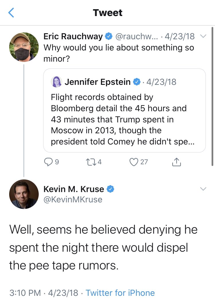 Speaking of those who bought the pee tape allegations but treat the Post story like its Voldemort, here’s  @KevinMKruse. Also, does this count as “mansplaining” or is that only if a Republican rebukes a woman? Asking for a friend.