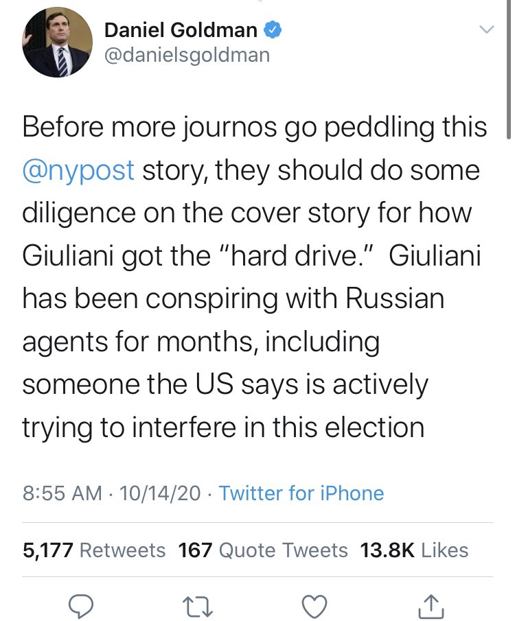 Last but certainly far from least is  @danielsgoldman, who managed to reference both the pee tape and the Cohen tape in the same tweet.Perhaps you “should’ve done more diligence” before “peddling” that story, Daniel?