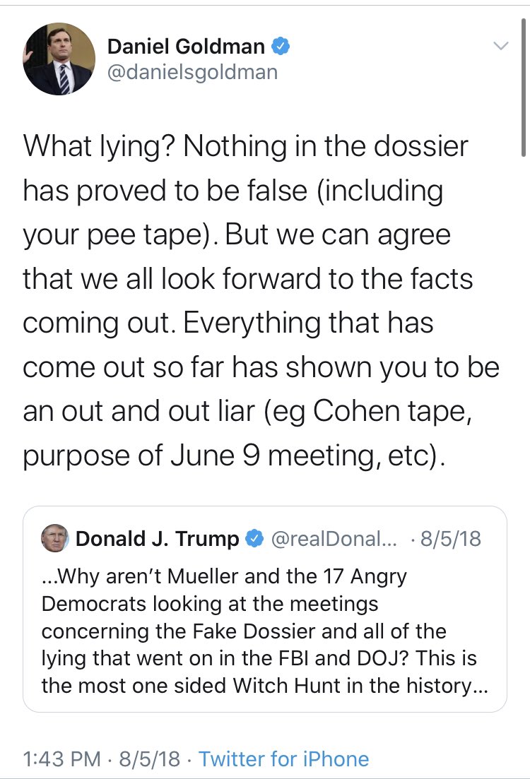 Last but certainly far from least is  @danielsgoldman, who managed to reference both the pee tape and the Cohen tape in the same tweet.Perhaps you “should’ve done more diligence” before “peddling” that story, Daniel?