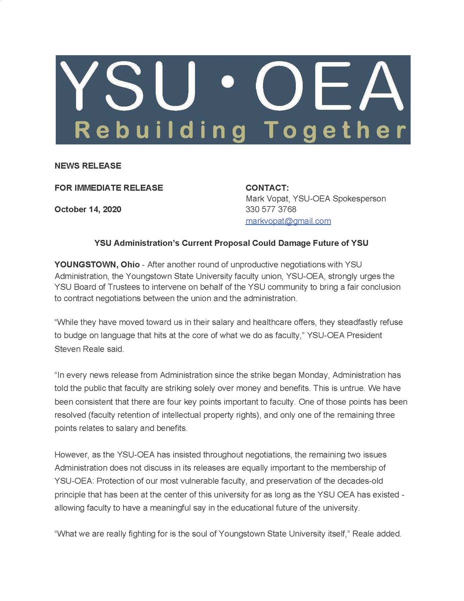 YSUFaculty's tweet photo. "YSU Administration’s Current Proposal Could Damage Future of Education at YSU"
Press Release, 10/14/2020
#SupportFacultyYSU #FairContract #SettleNow #JimTressel https://t.co/iQeUXgHHhS