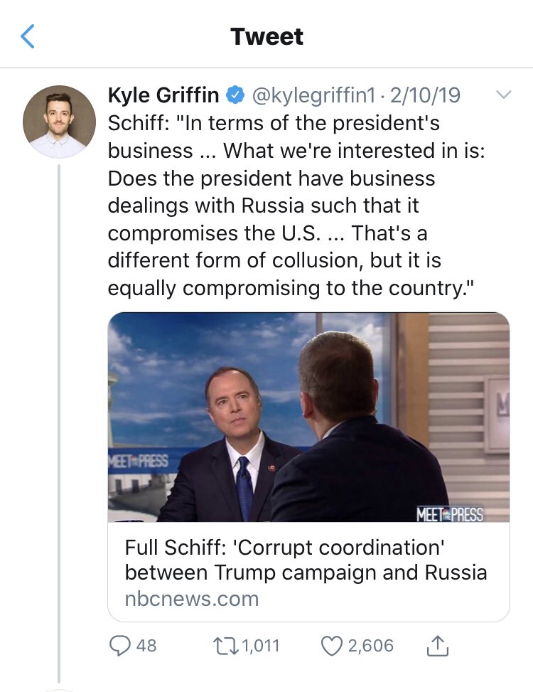 Right behind him in lack of self awareness is  @kylegriffin1. He didn’t want anyone sharing the link to the Post story, but he was happy to share  @RepAdamSchiff’s conspiracy about Russian collusion even post-Mueller report.