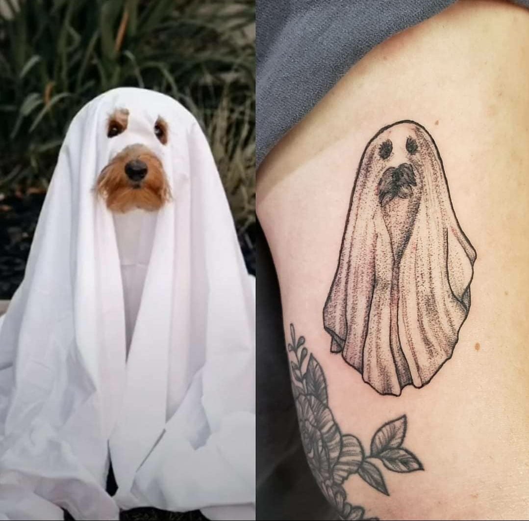 CardinalTattoos's tweet photo. Very sweet ghost dog tattoo by Rosemary https://t.co/N3zjMLVLdO