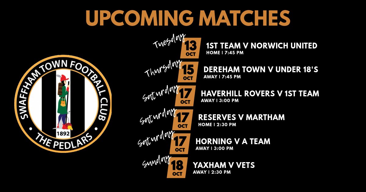 Swaffham_TownFC's tweet photo. Lots of football to come for @Swaffham_TownFC this week.

@nrpack75 's u18's face @DerehamTown away tomorrow,

Reserves host Martham at the @MG_BuildingMain ground on Saturday whilst the 1st's head to Haverhill.

The A team face Horning for the first of 3 meetings in 4 weeks! https://t.co/vc4miJqNsS