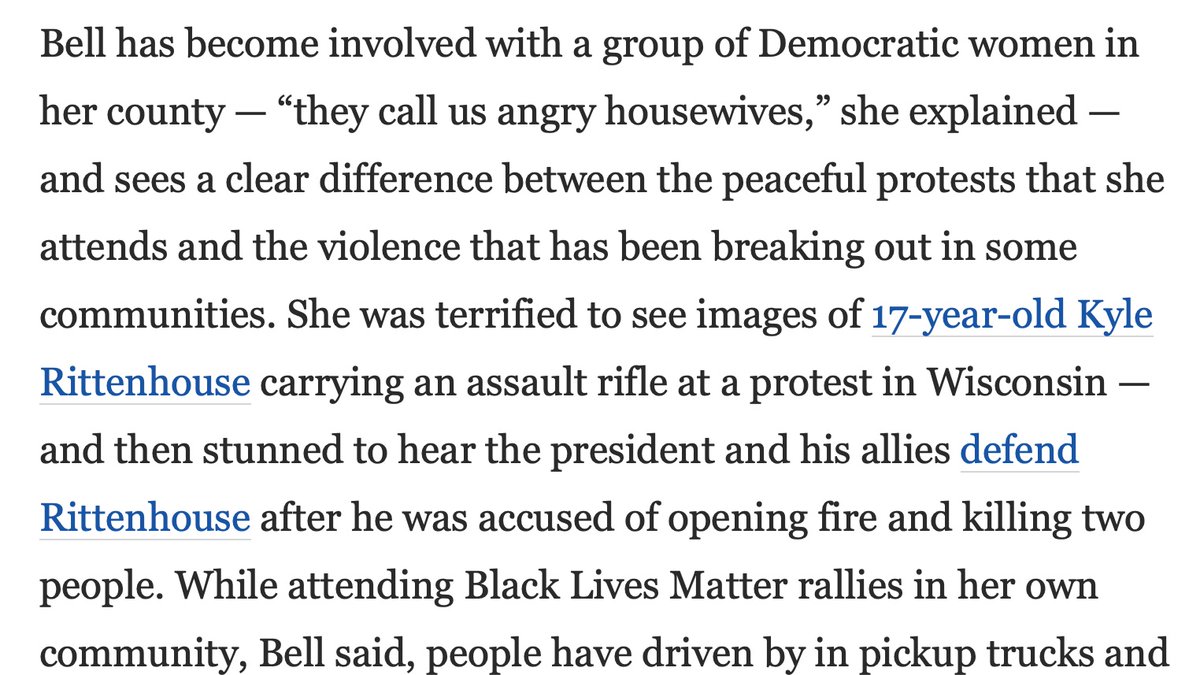 Talk about burying the lede! "Bell has become involved with a group of Democratic women in her county — 'they call us angry housewives'—". Gotta read all the way to Paragraph 19 to realize you're seeing the impact of local, intentional political action.  https://www.washingtonpost.com/politics/white-women-trump-biden/2020/09/12/6764b89a-f167-11ea-999c-67ff7bf6a9d2_story.html