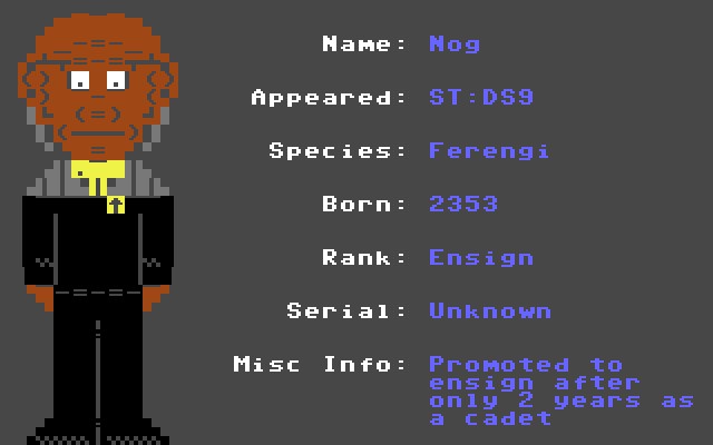 Nog (ST: DS9) #StarTrek #C64 #Commodore64 #PETSCII #PixelArt #C64Retweets #WeAreStarfleet #DS9 #TNG <a href="/StarTrek/">Star Trek</a> <a href="/TrekCore/">TrekCore.com 🖖</a> <a href="/trekreport/">Trek Report</a> <a href="/EverythingC64/">Everything C64</a> Dedicated to the memory of <a href="/AronEisenberg/">Aron Eisenberg (1969-2019)</a>